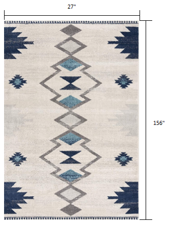 13" Runner Blue and Ivory Southwestern Runner Rug