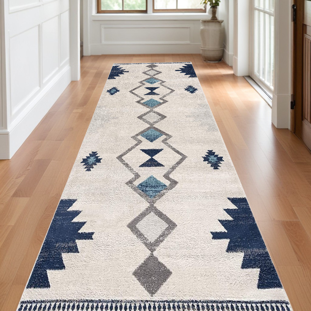 13" Runner Blue and Ivory Southwestern Runner Rug