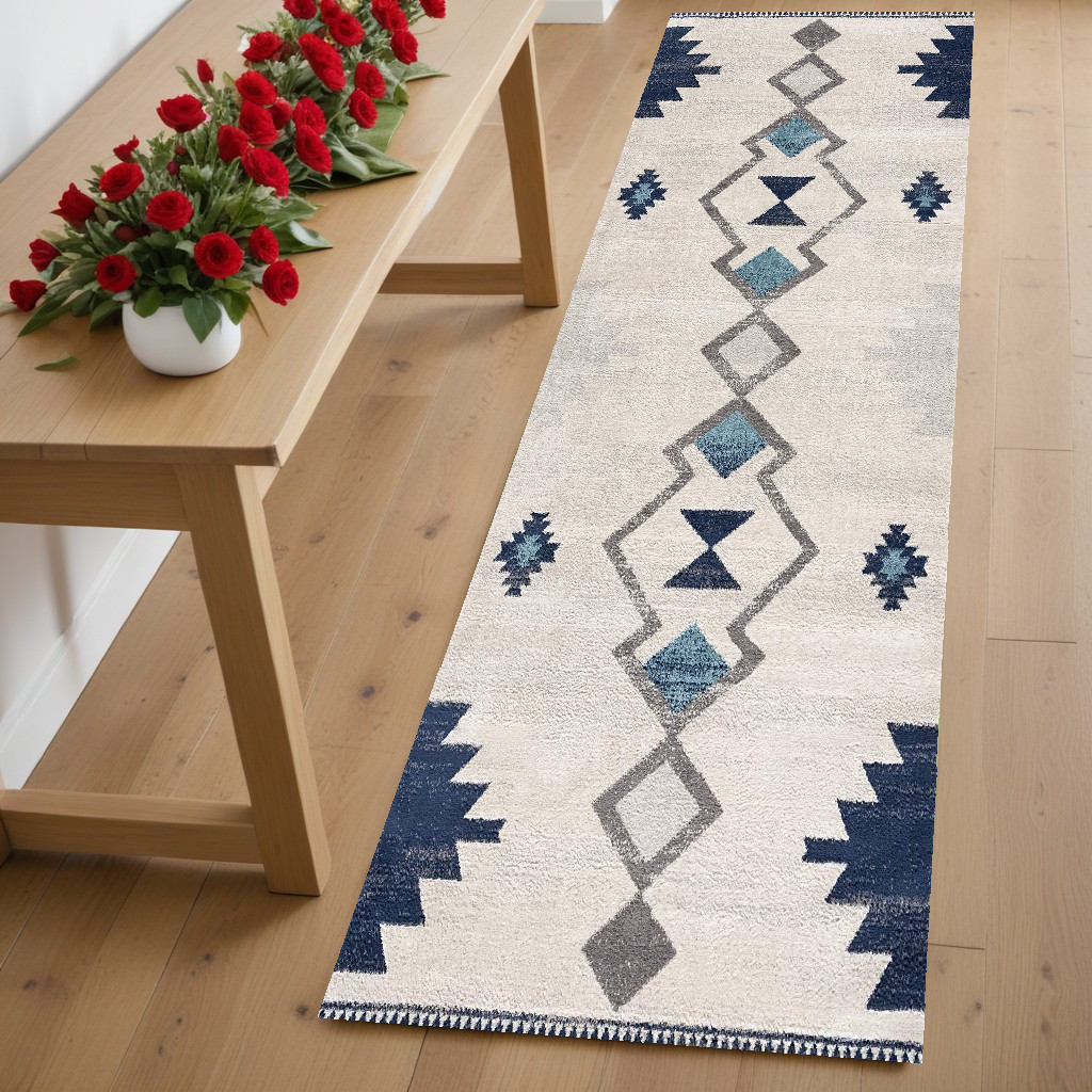 6" Runner Blue and Ivory Southwestern Area Rug