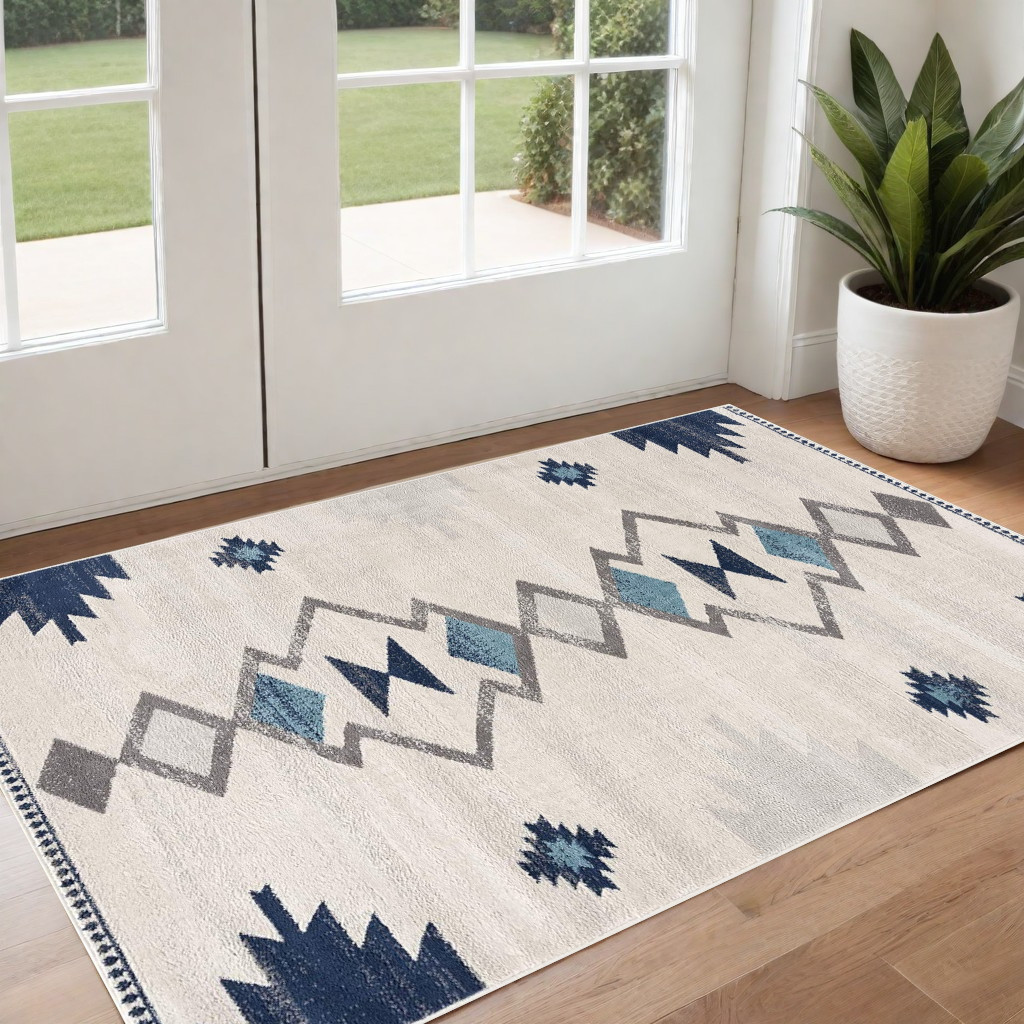 3" X 5" Blue and Ivory Southwestern Area Rug