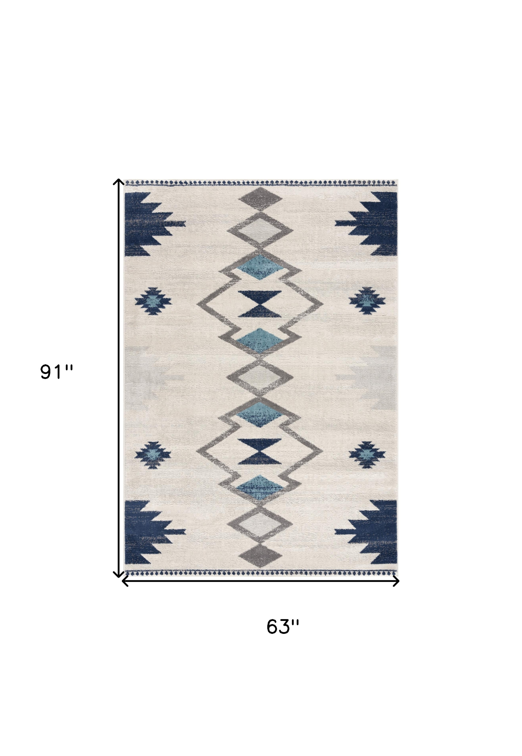 5" X 7" Blue and Ivory Southwestern Area Rug