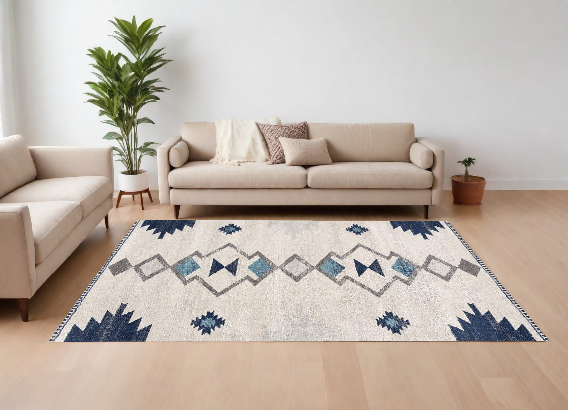 9’ x 13’ Navy and Ivory Tribal Pattern Area Rug-392955-1