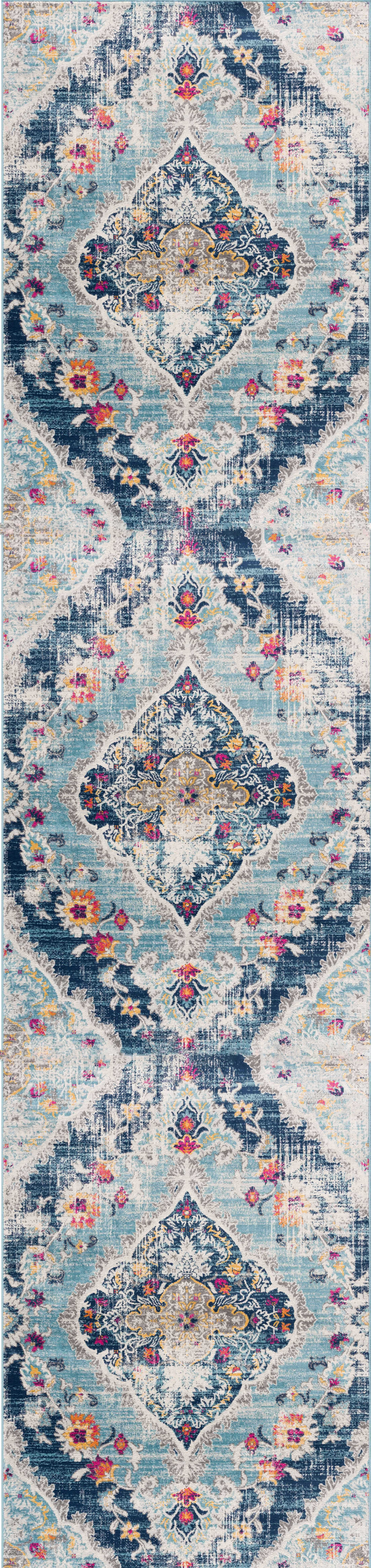 10" Runner Blue and Ivory Medallion Runner Rug