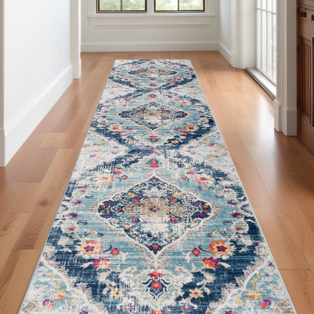 20" Runner Blue and Ivory Medallion Runner Rug