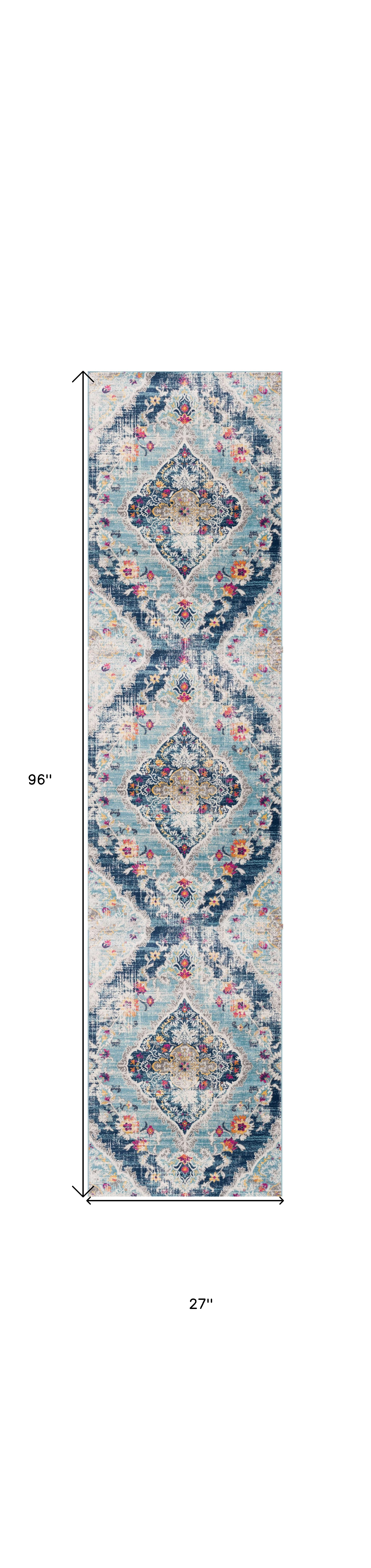8" Runner Blue and Ivory Medallion Runner Rug