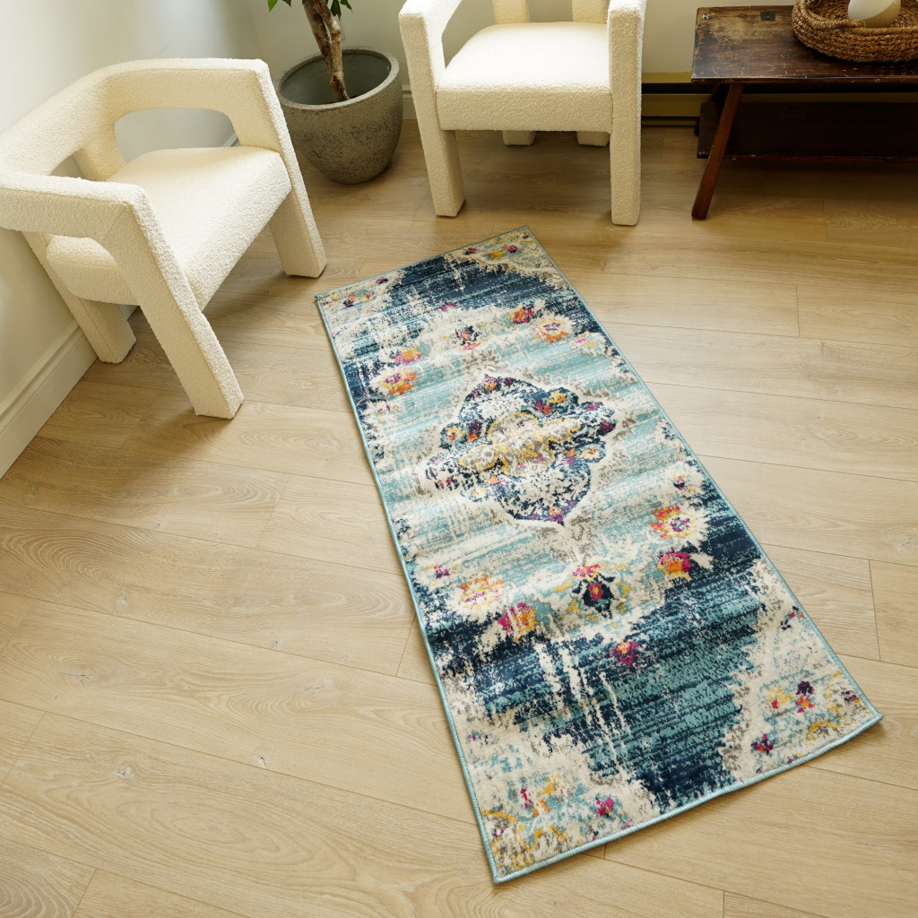 3" X 5" Blue and Ivory Medallion Area Rug