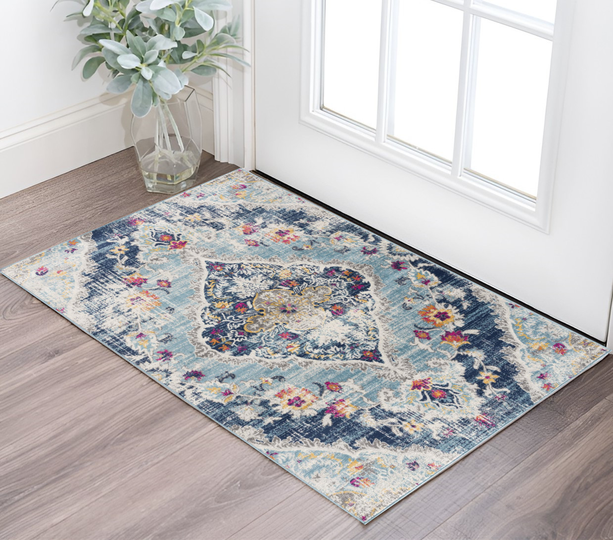 3" X 5" Blue and Ivory Medallion Area Rug