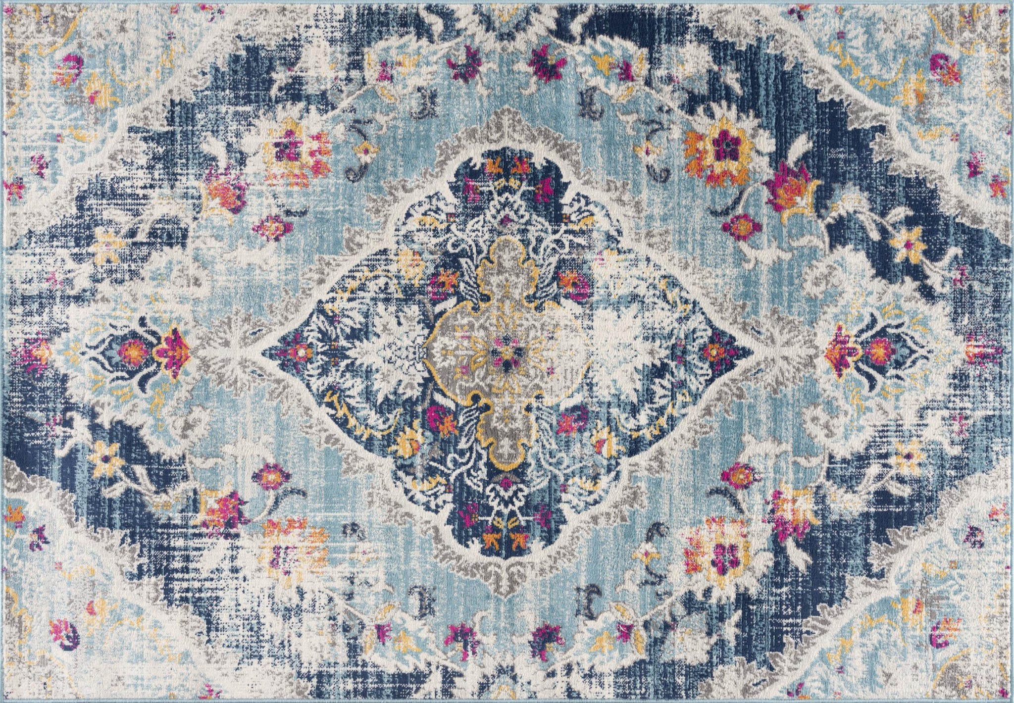 4" X 6" Blue and Ivory Medallion Area Rug