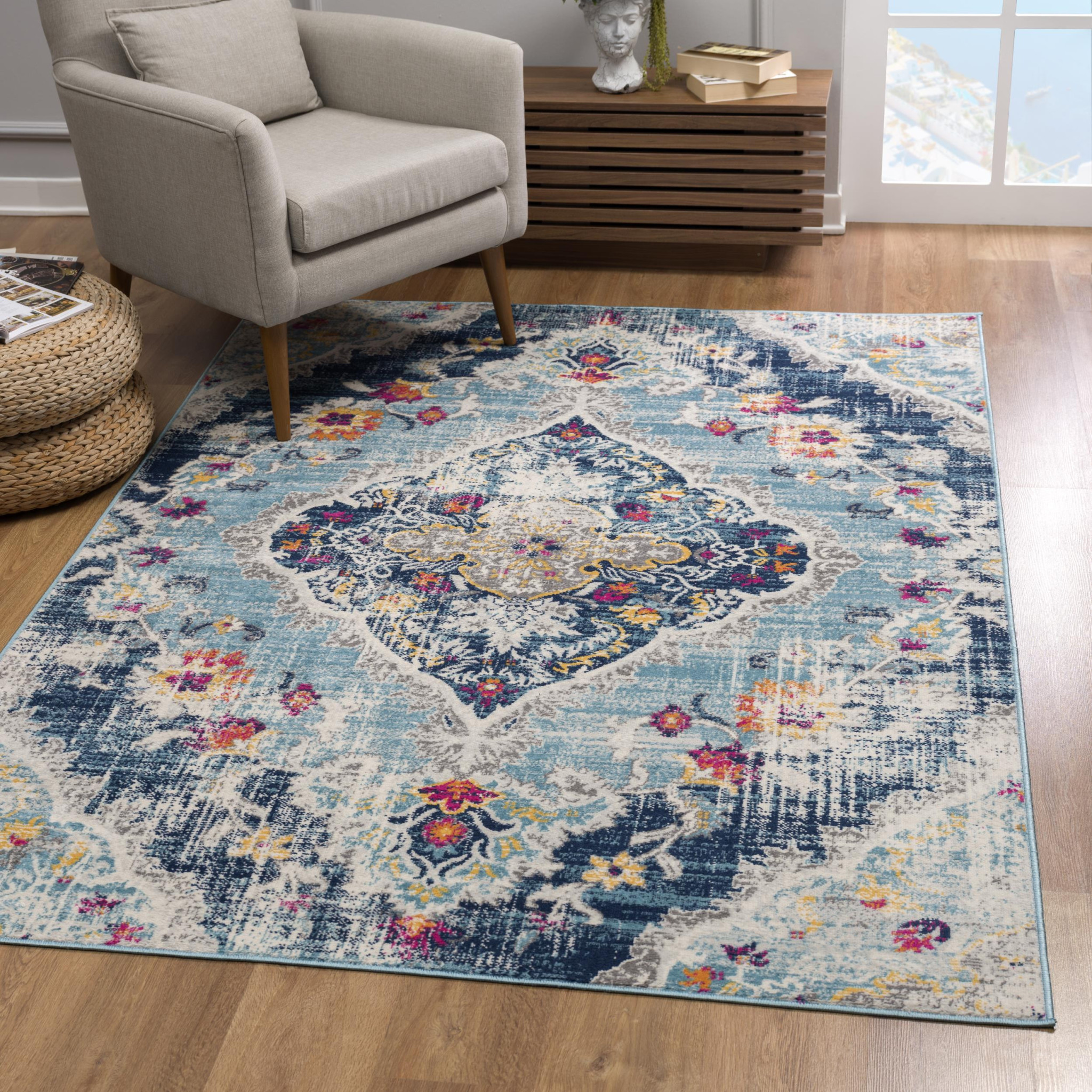5" X 7" Blue and Ivory Medallion Area Rug