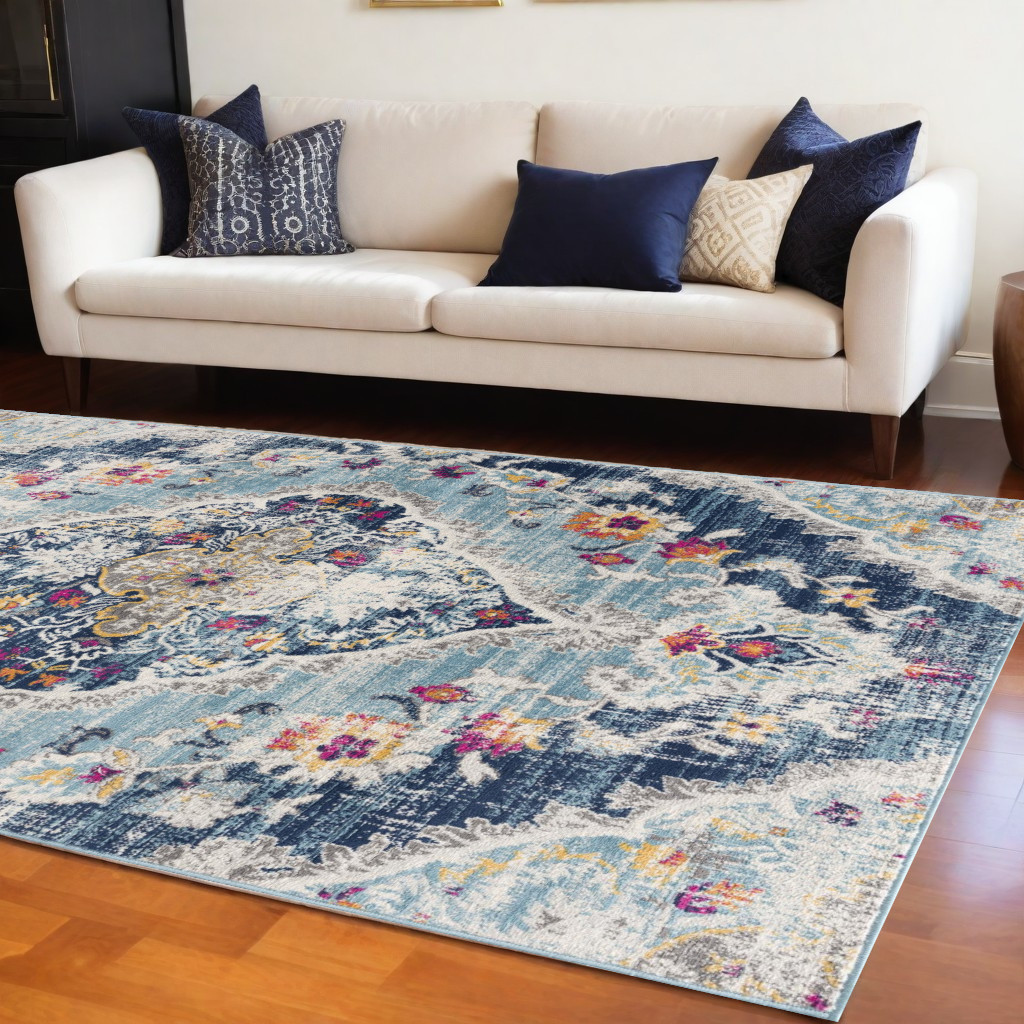 8" X 10" Blue and Ivory Medallion Area Rug