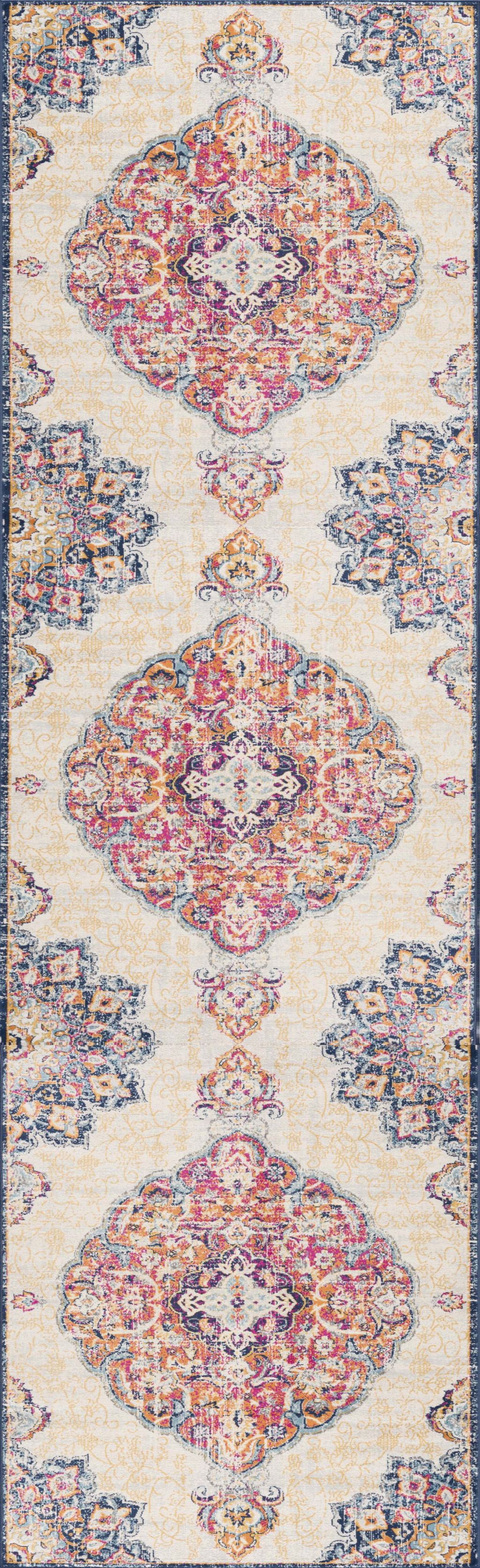 13" Runner Blue and Beige Medallion Runner Rug