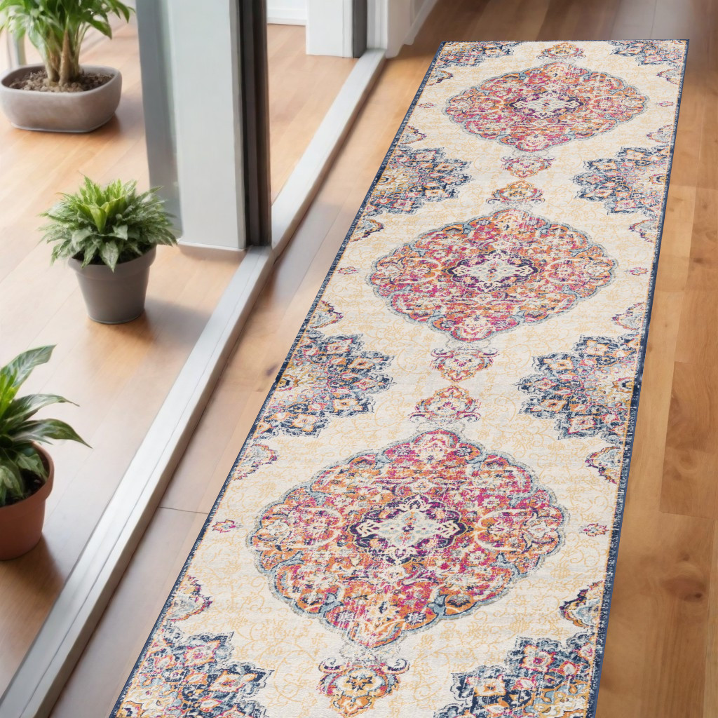2' X 5' Blue and Beige Medallion Area Rug-392999-1