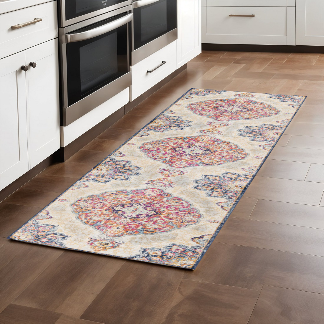 8' Blue And Beige Medallion Runner Rug-393001-1