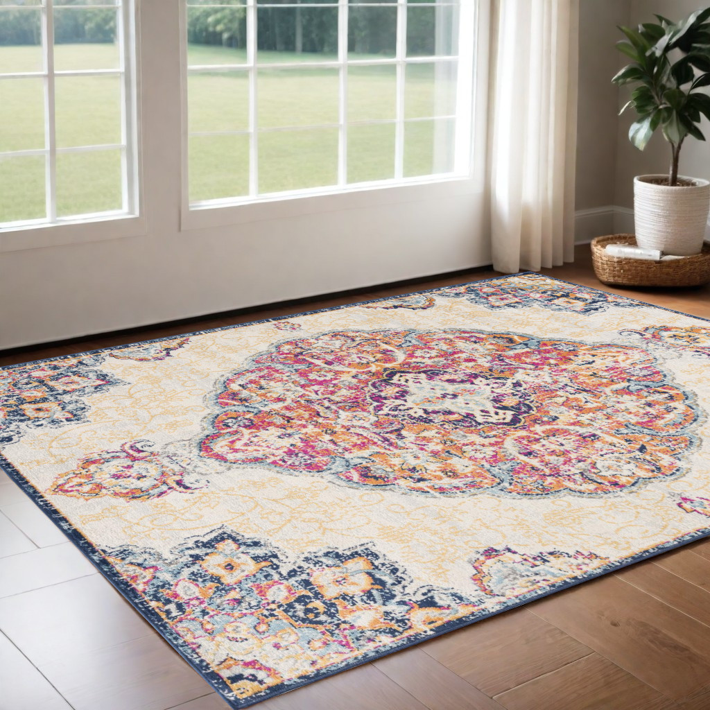 3' X 5' Blue and Beige Medallion Area Rug-393002-1