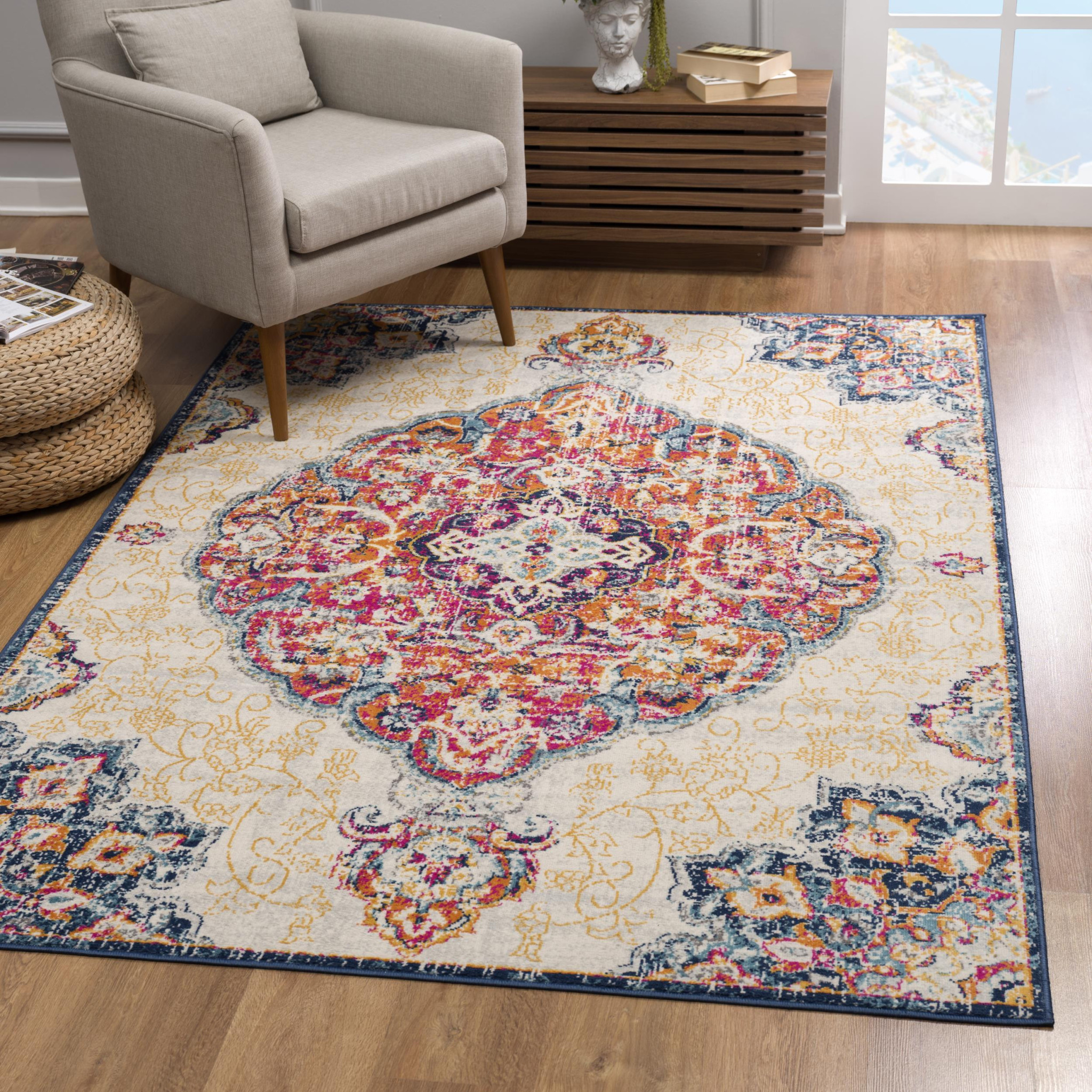 4" X 6" Blue and Beige Medallion Area Rug