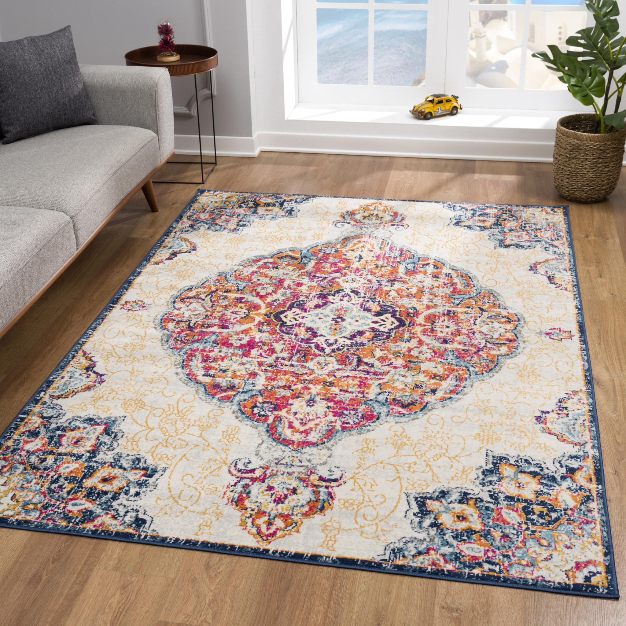 4" X 6" Blue and Beige Medallion Area Rug