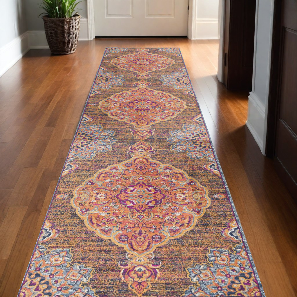 2" X 10" Rustic Orange Medallion Runner Rug