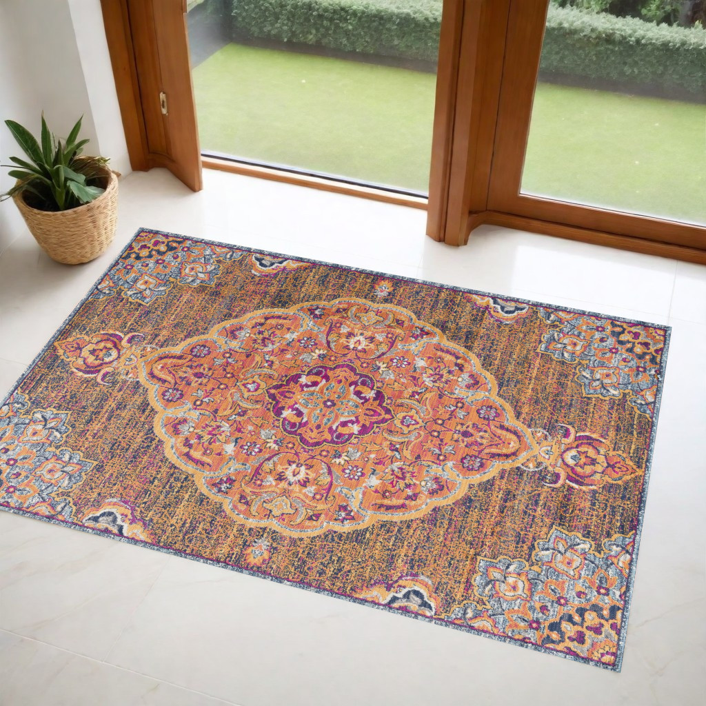2" X 4" Rustic Orange Medallion Area Rug