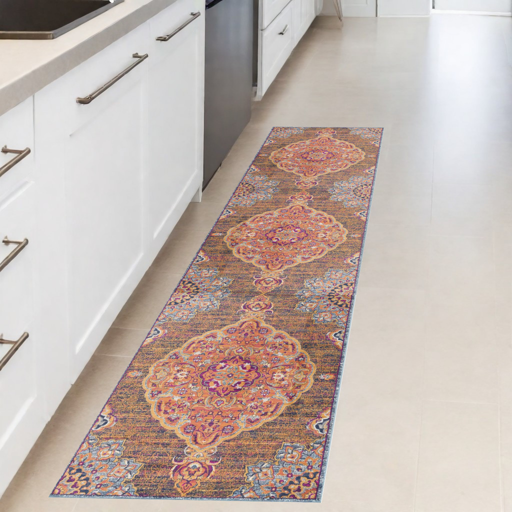 2" X 8" Rustic Orange Medallion Runner Rug