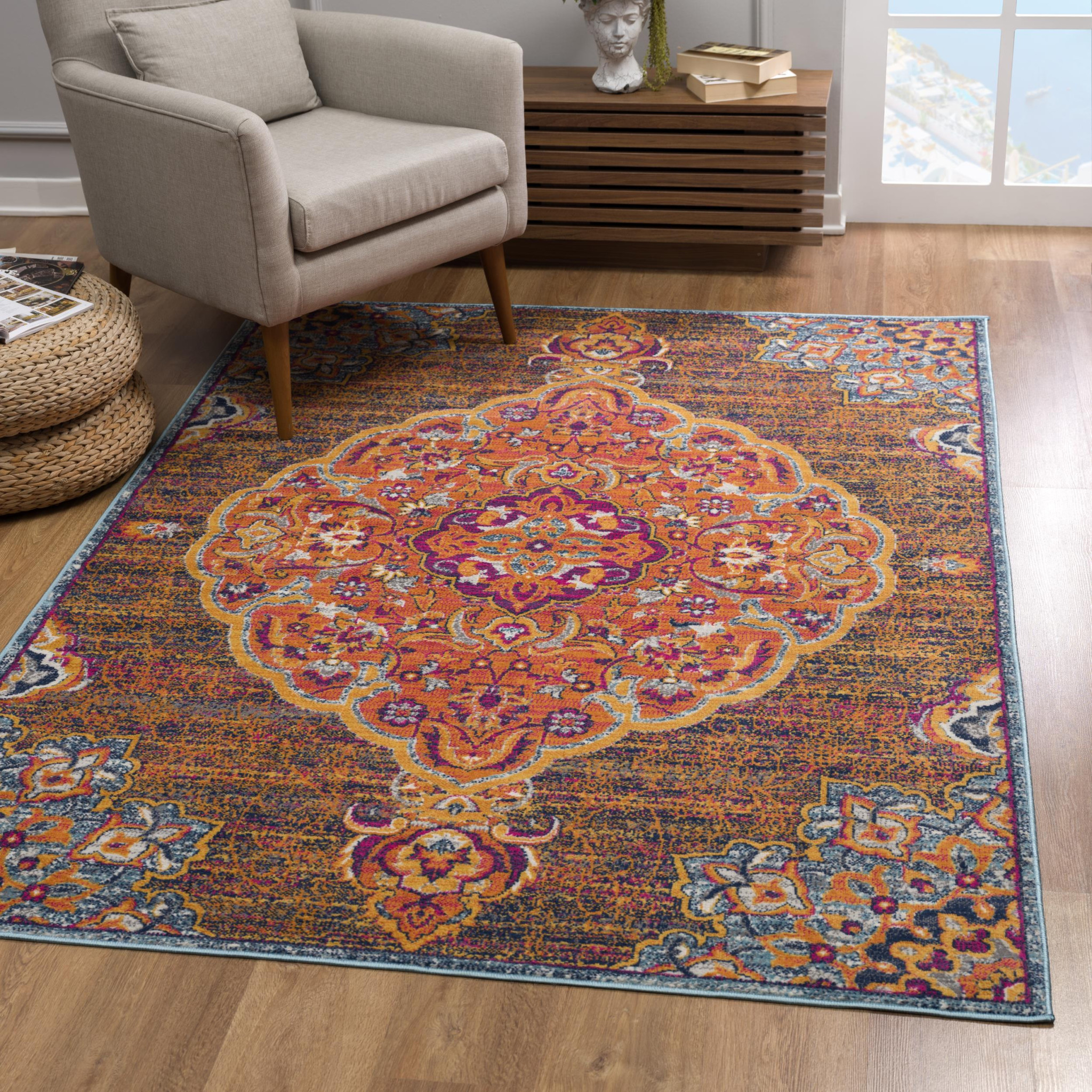 5" X 8" Rustic Orange Medallion Area Rug