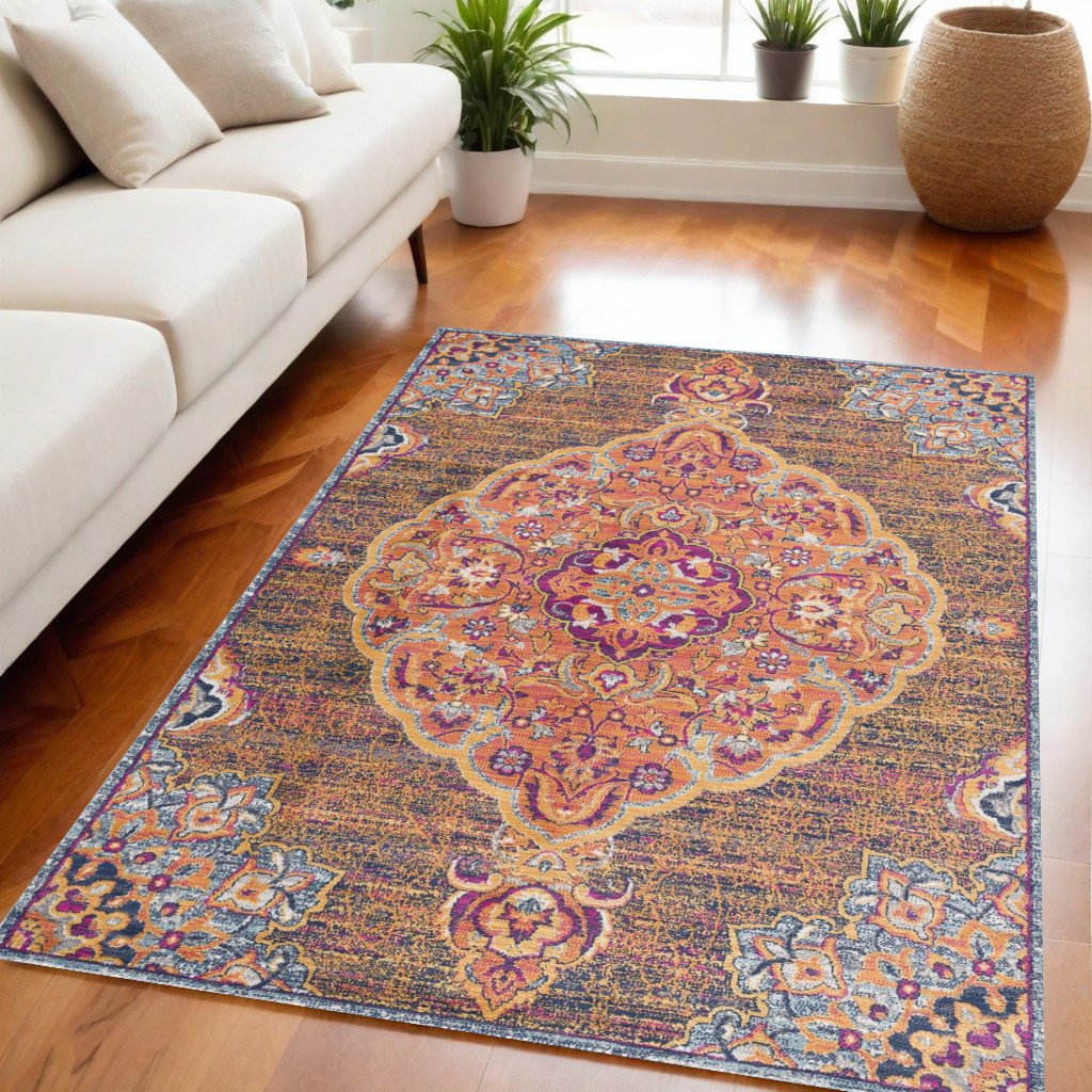 5" X 8" Rustic Orange Medallion Area Rug