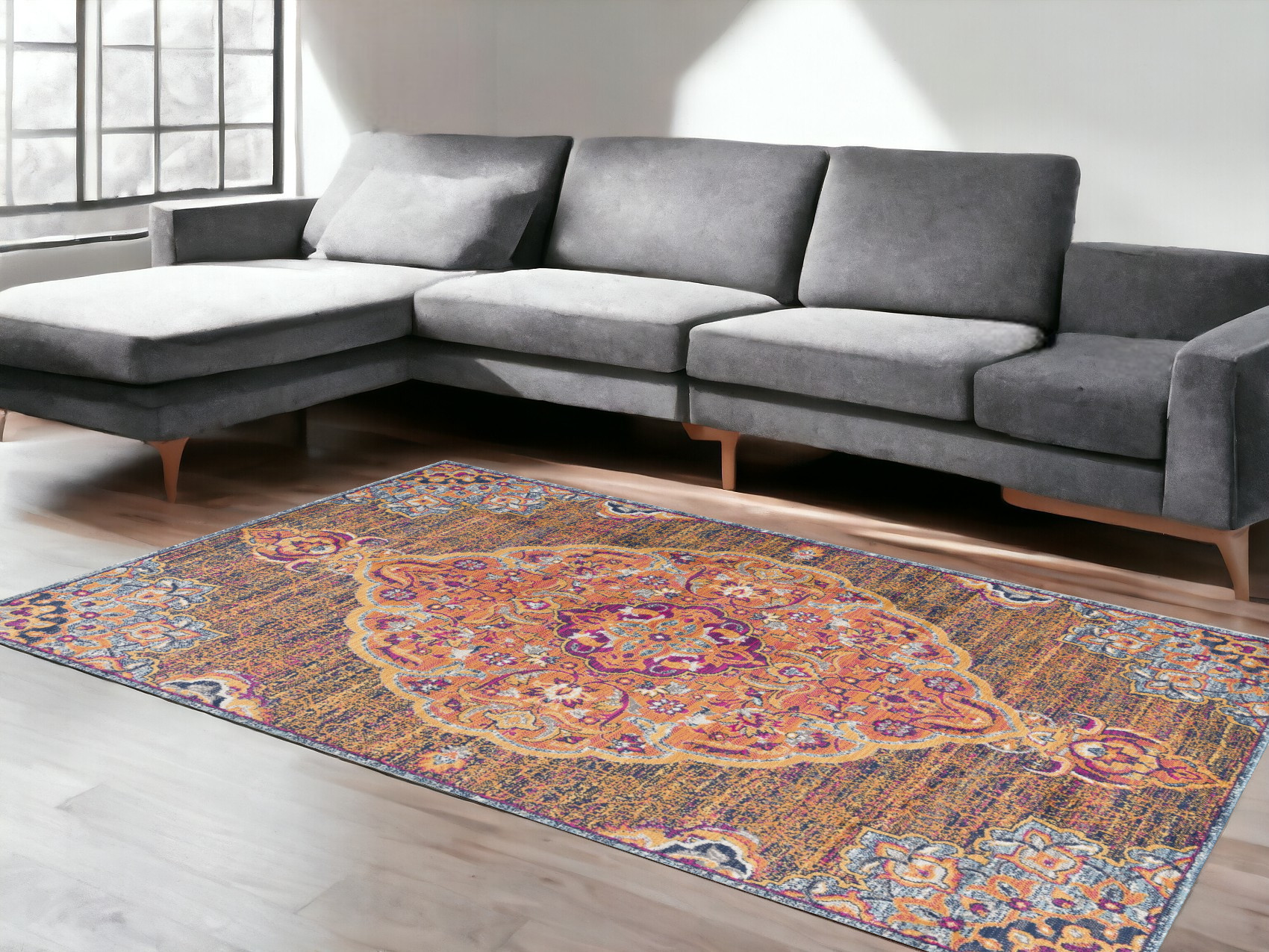 7" X 10" Rustic Orange Medallion Area Rug