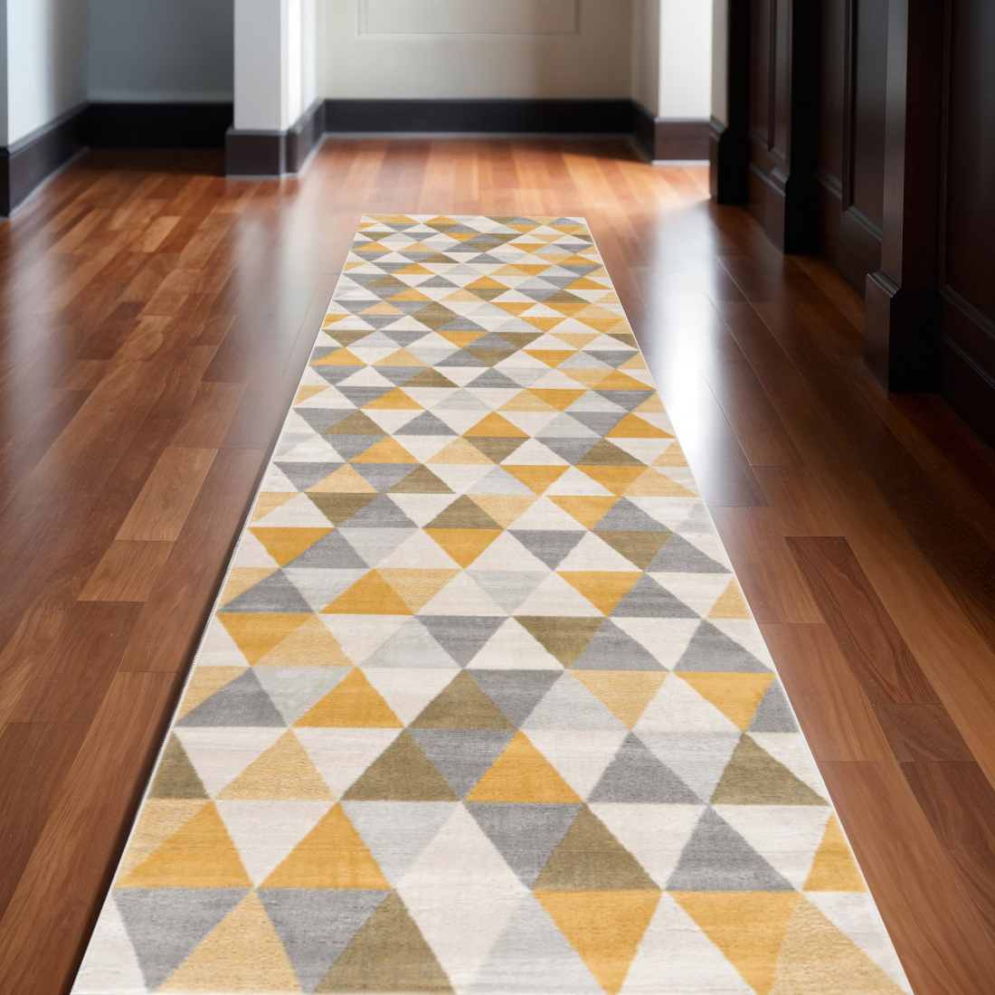 15' Yellow And Ivory Geometric Runner Rug-393029-1