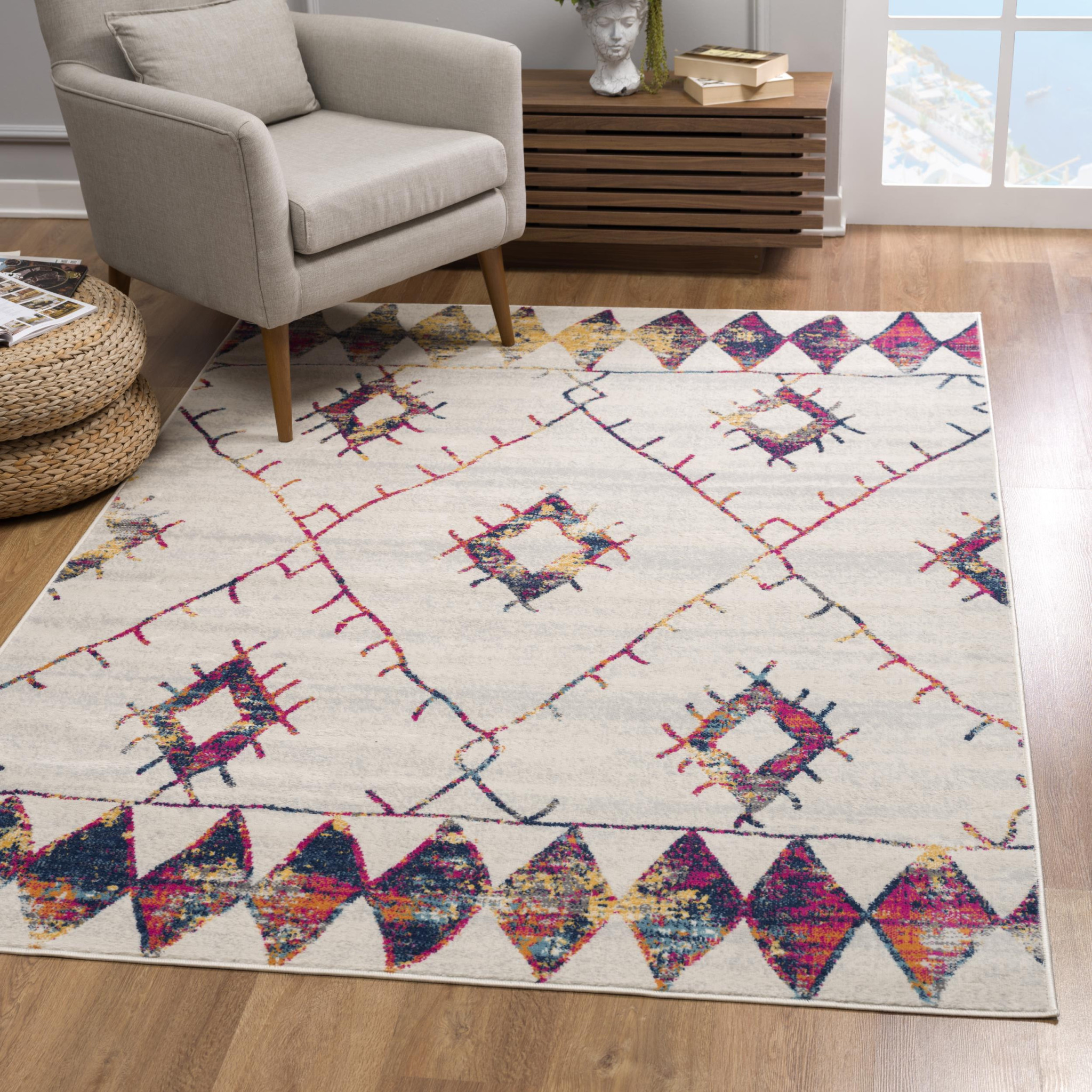 9" X 12" Cream Damask Area Rug