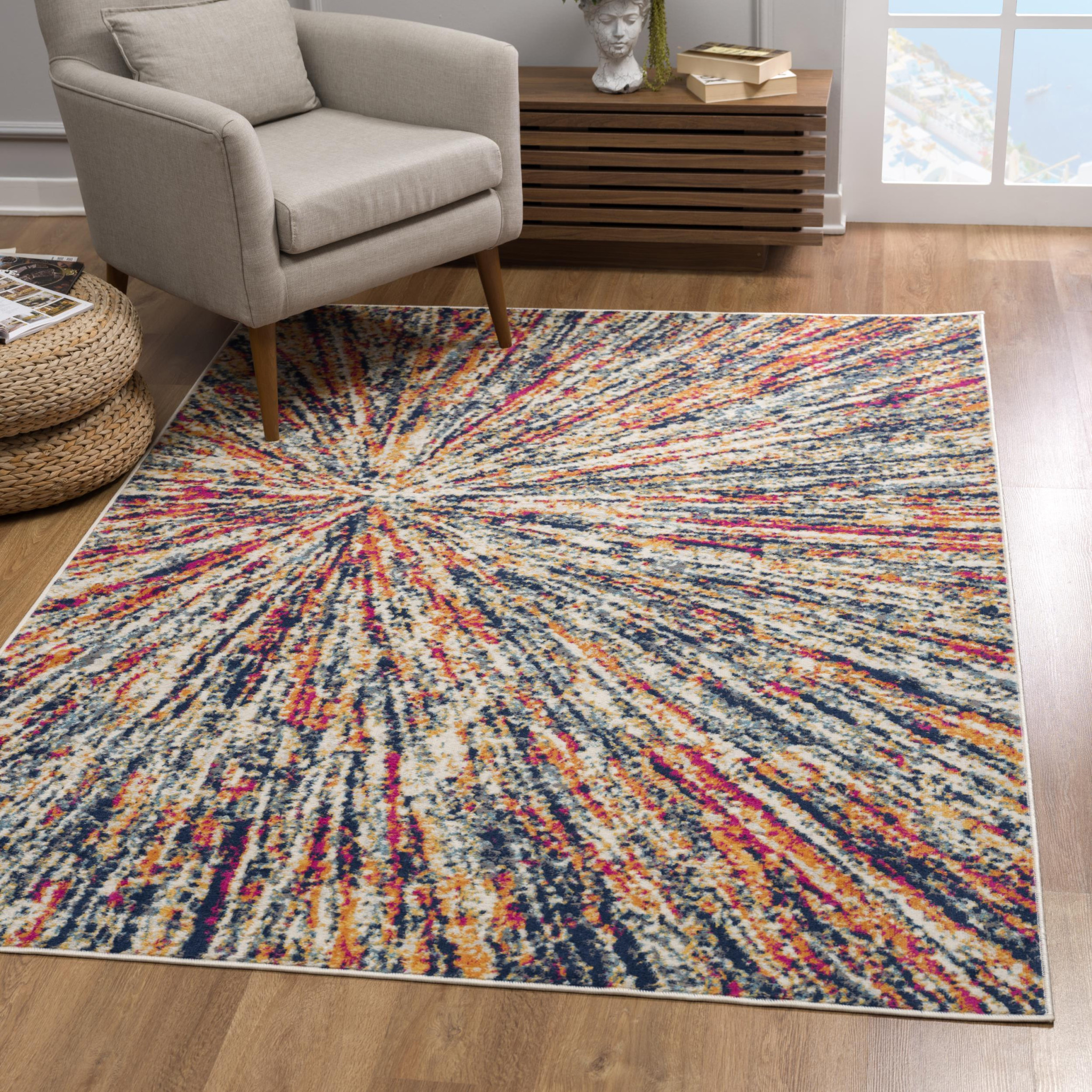 8" X 11" Cream Celestial Burst Abstract Area Rug