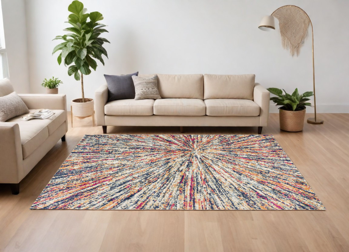 8" X 11" Cream Celestial Burst Abstract Area Rug