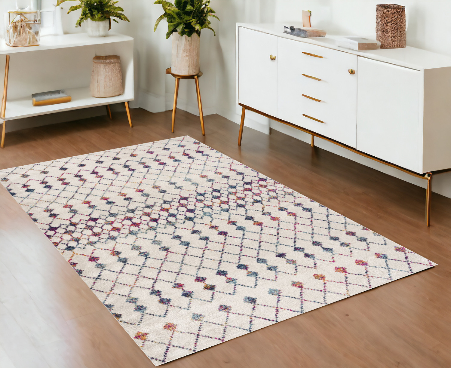 4" X 6" White Modern Geometric Grid Area Rug