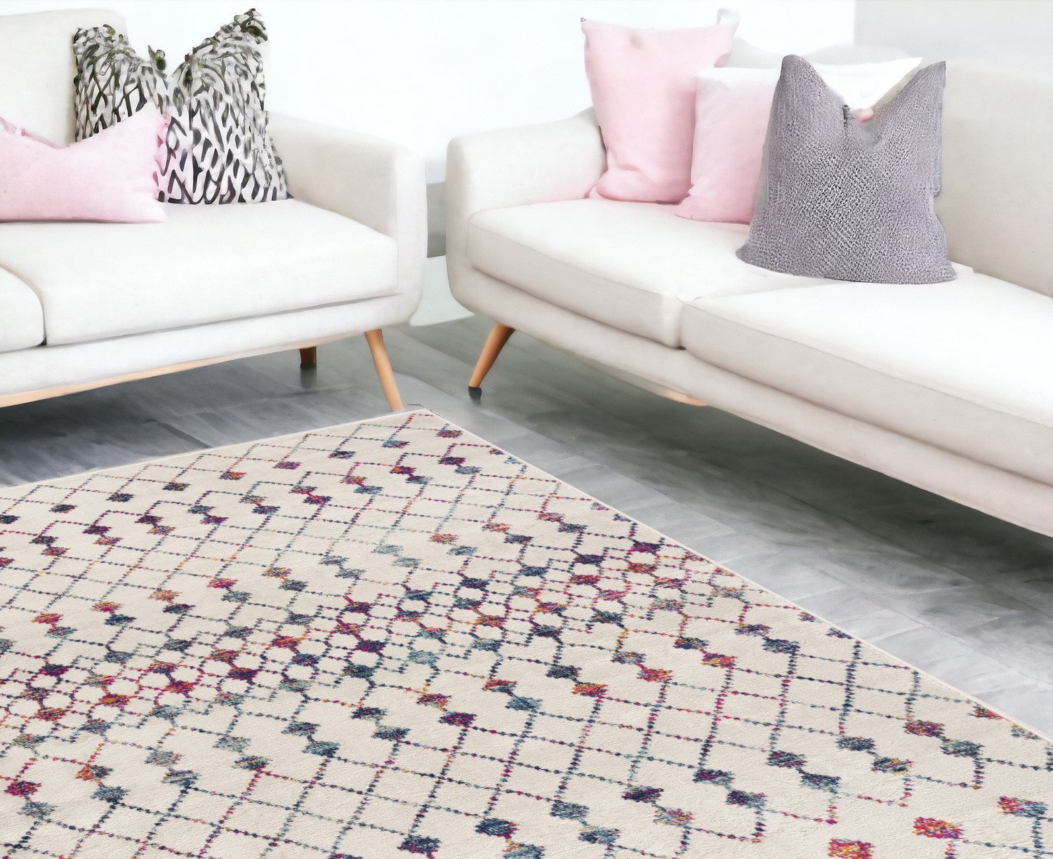 7" X 10" White Modern Geometric Grid Area Rug