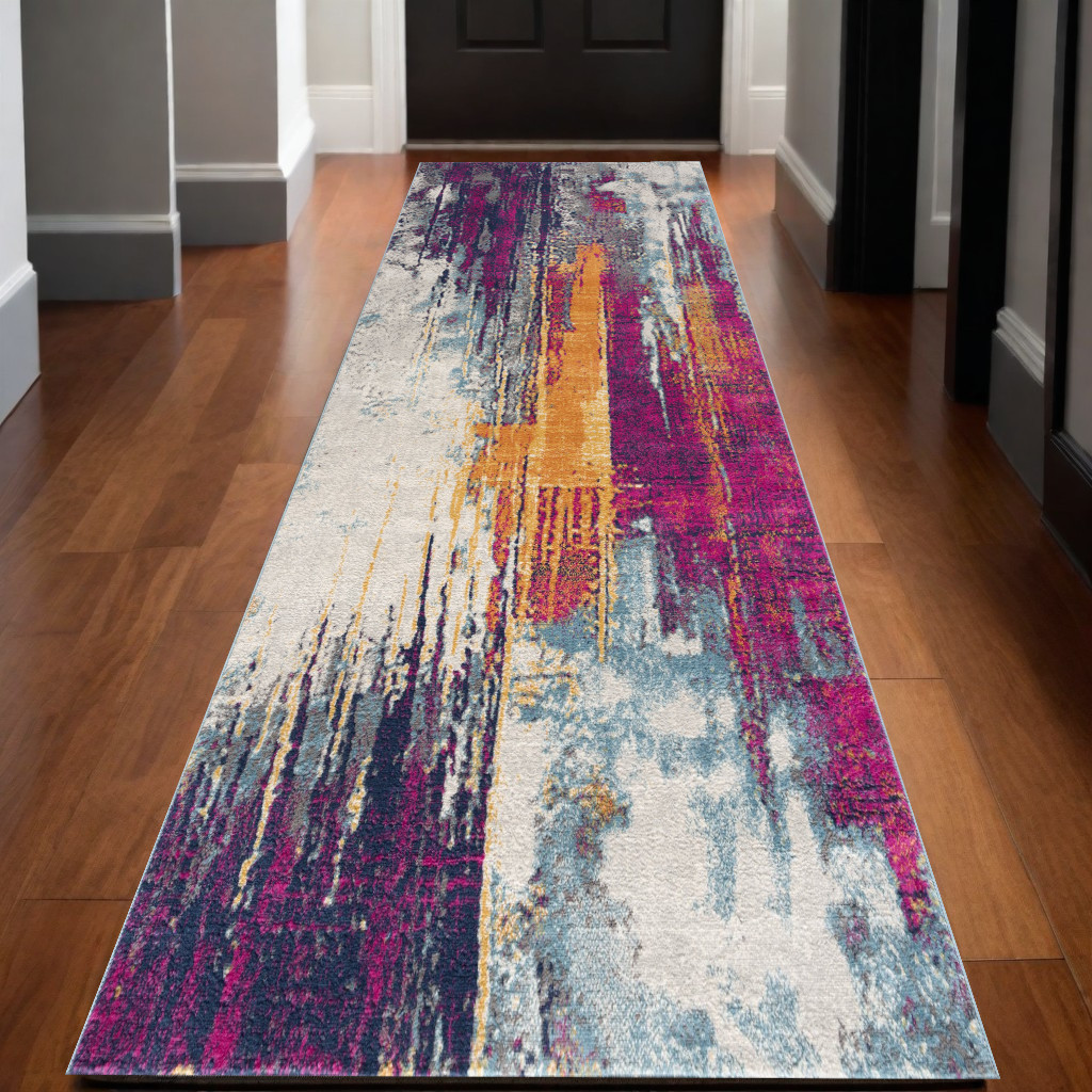 15' Magenta Abstract Dhurrie Runner Rug-393097-1