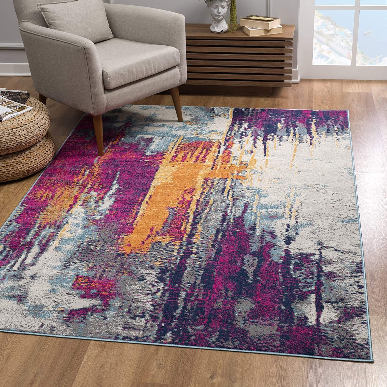 6" Runner Gray and Ivory Abstract Area Rug