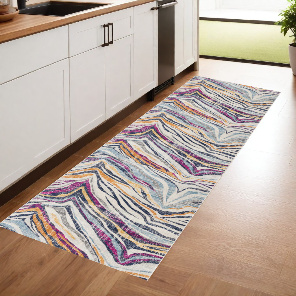 8' Blue And Gold Camouflage Dhurrie Runner Rug-393138-1