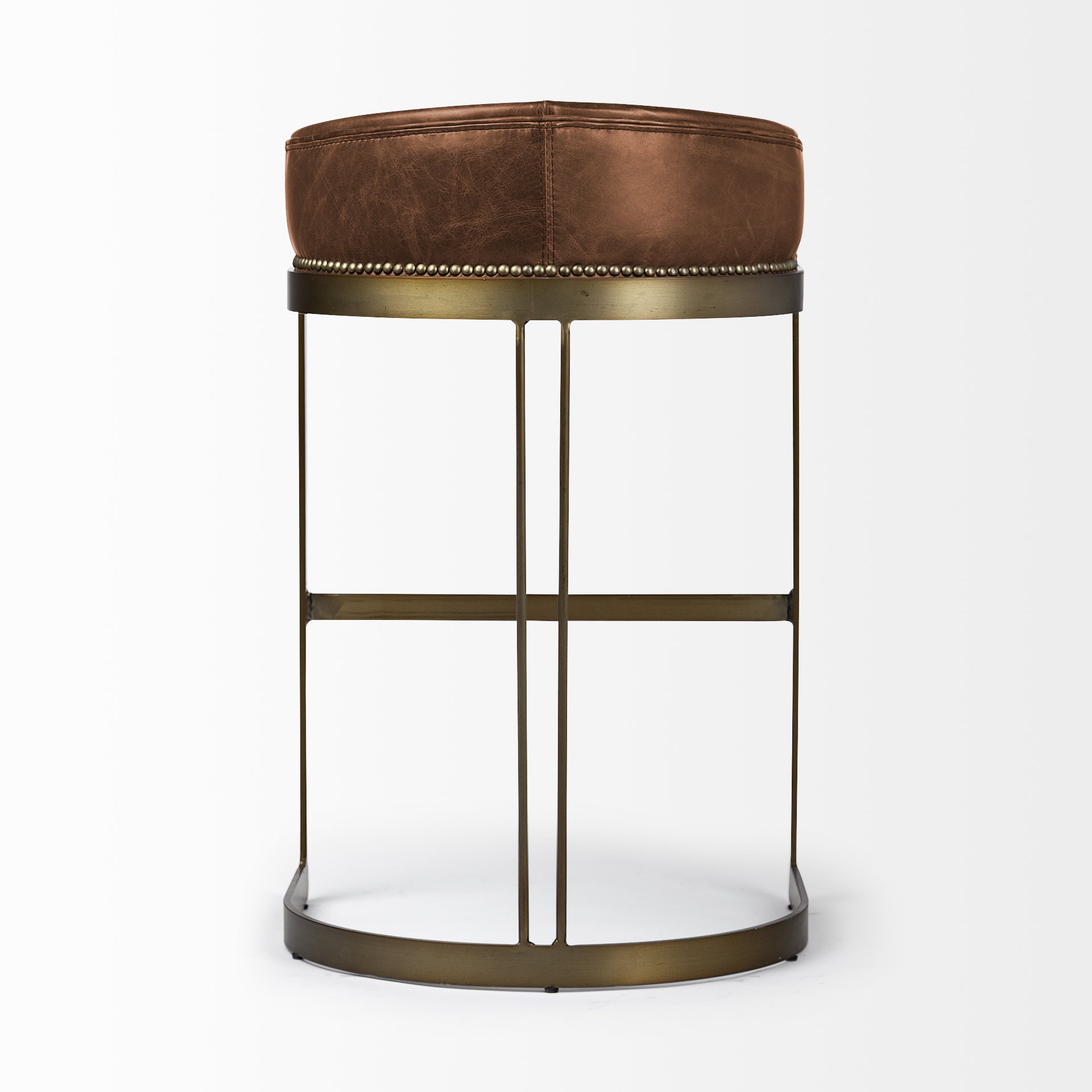 33" Brown Leather Antiqued Gold Low Back Bar Stool