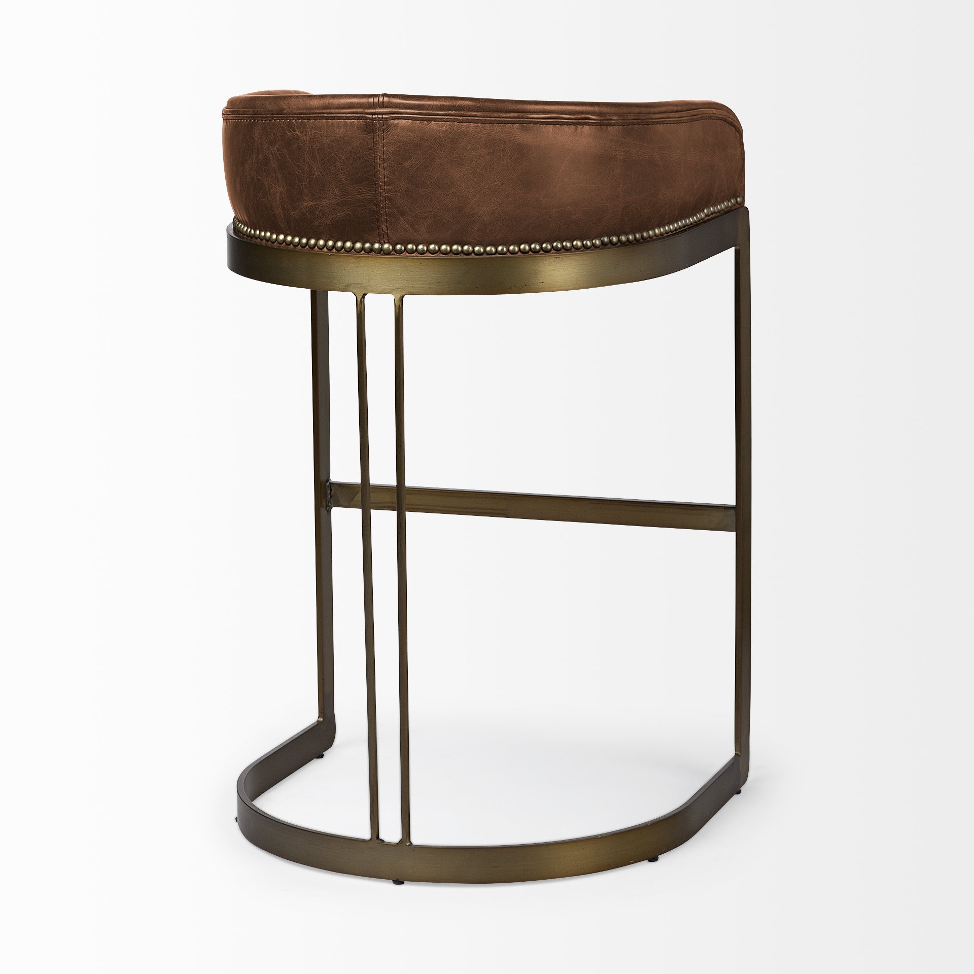 33" Brown Leather Antiqued Gold Low Back Bar Stool