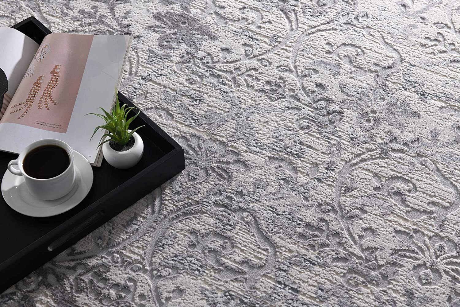 4" X 6" Gray and Ivory Toile Power Loom Area Rug