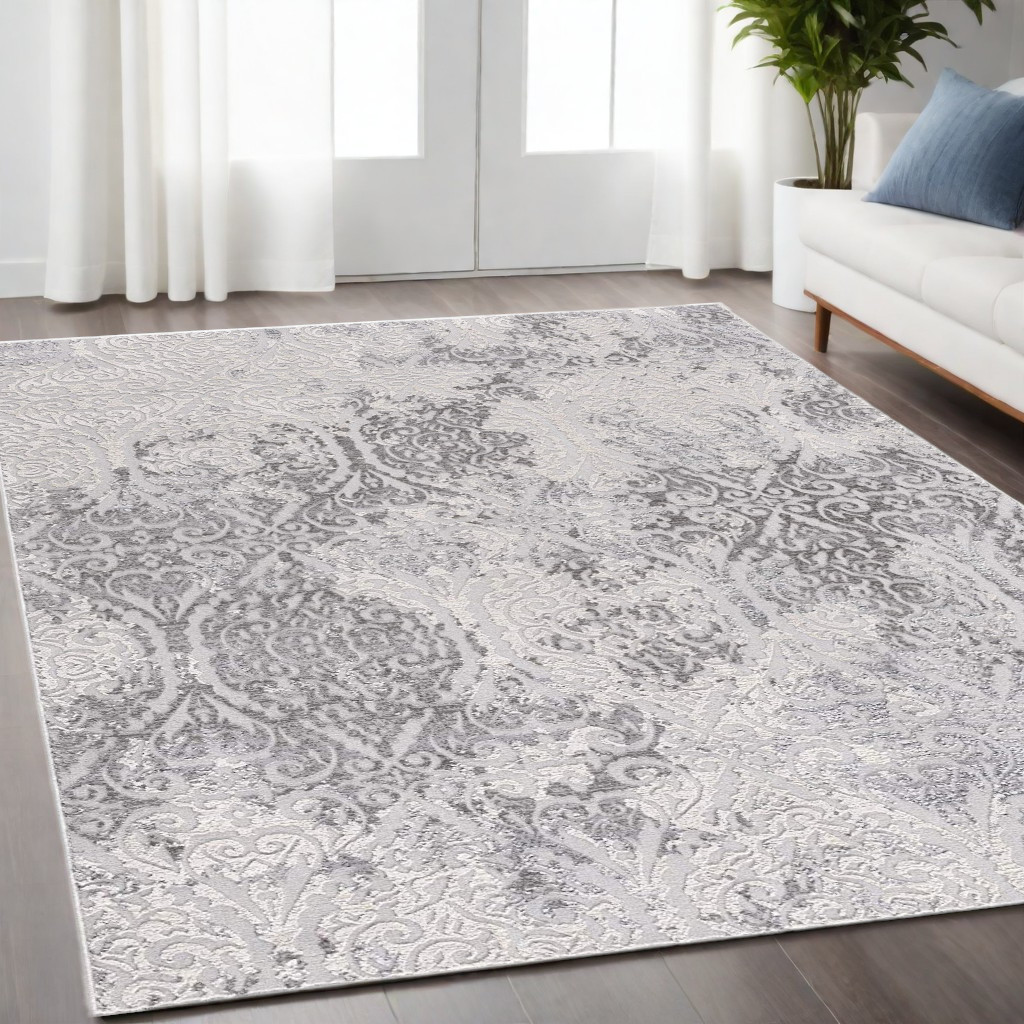 5" X 8" Cream And Gray Tinted Ogee Pattern Area Rug