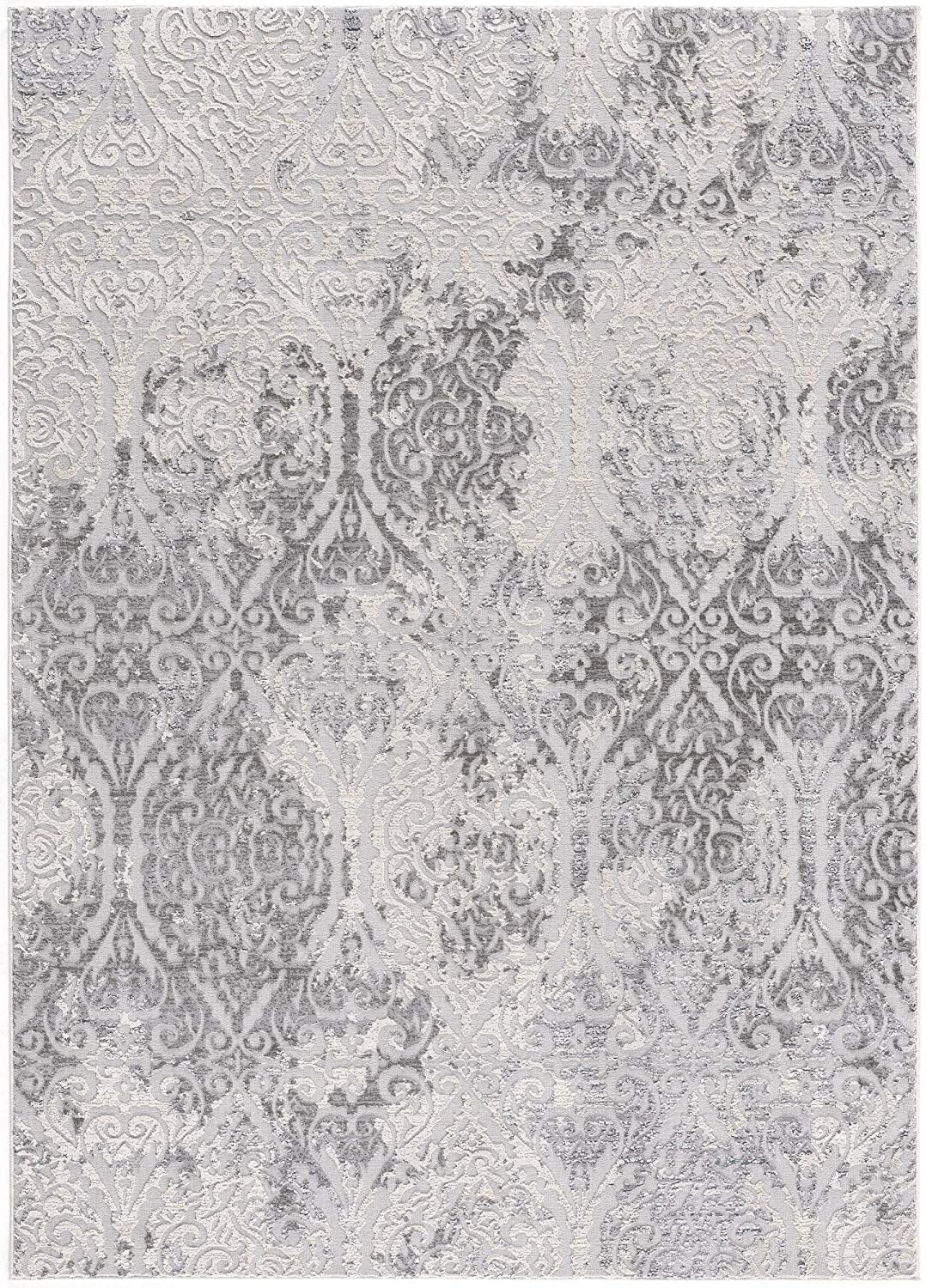7" X 10" Cream And Gray Tinted Ogee Pattern Area Rug