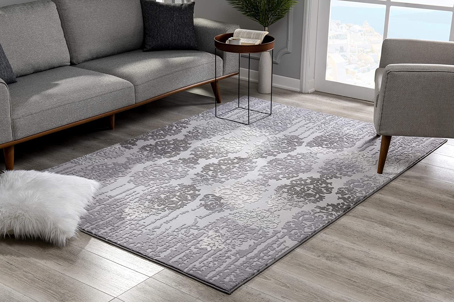 10" Gray Damask Power Loom Runner Rug