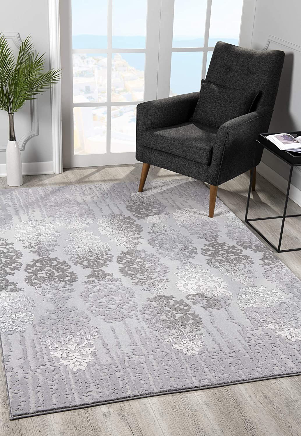 10" Gray Damask Power Loom Runner Rug