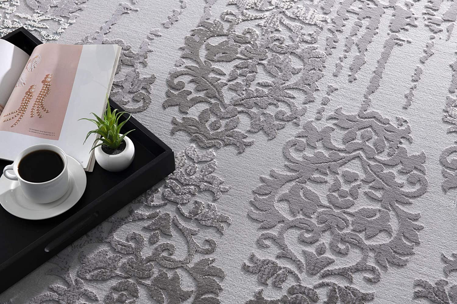 10" Gray Damask Power Loom Runner Rug