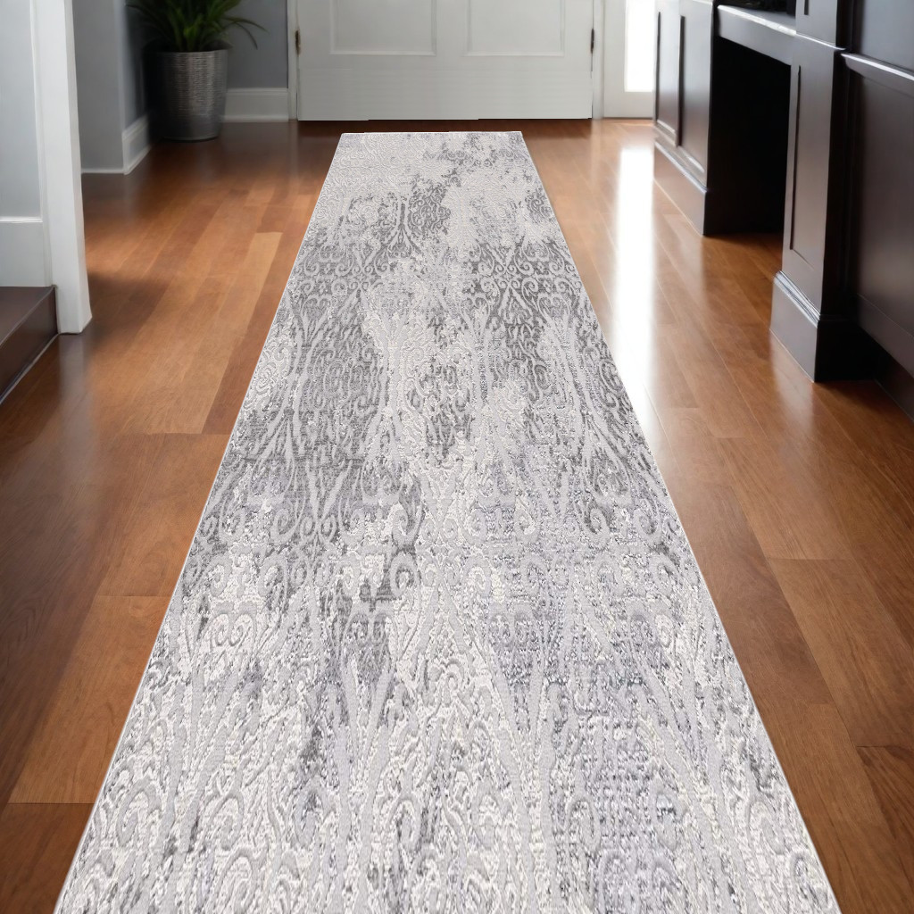 10" Gray Damask Power Loom Runner Rug