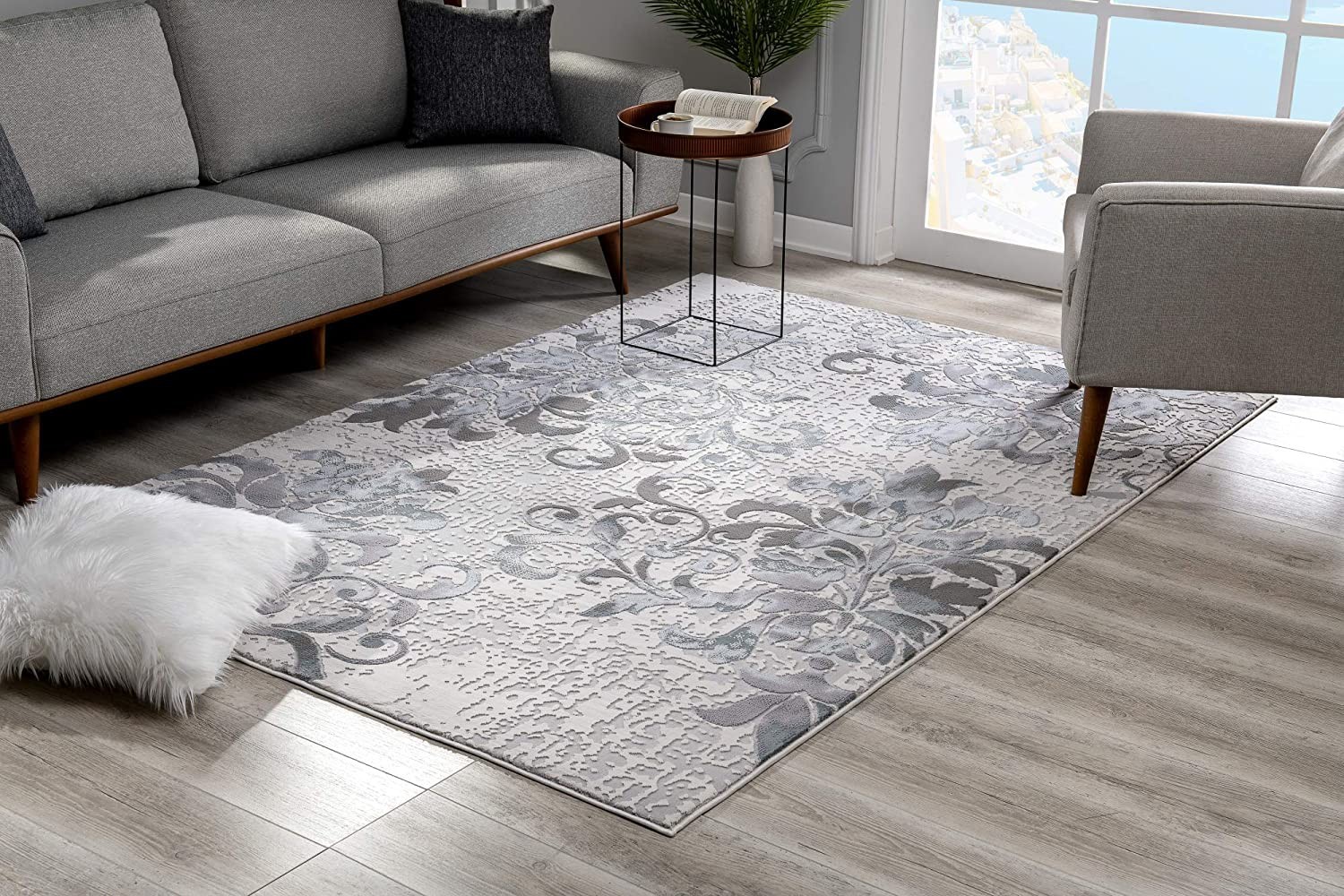 5" X 7" Blue Damask Power Loom Area Rug