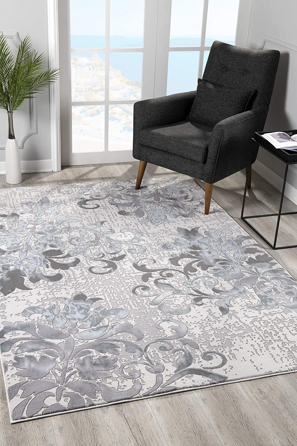 5" X 7" Blue Damask Power Loom Area Rug