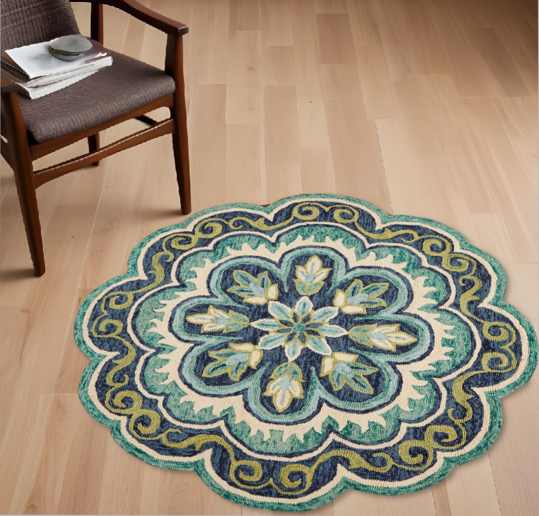 4" Round Green Floral Artwork Area Rug