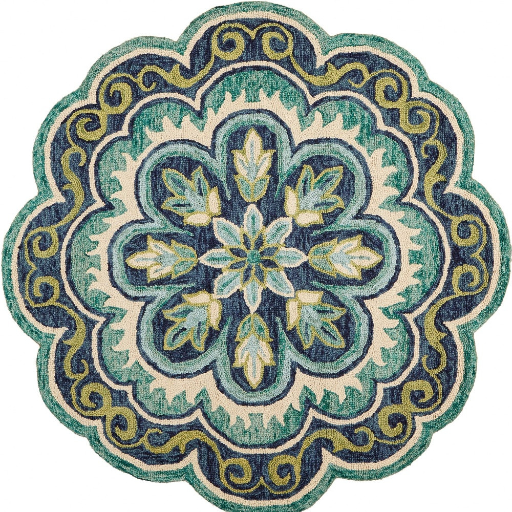 4" Round Green Floral Artwork Area Rug