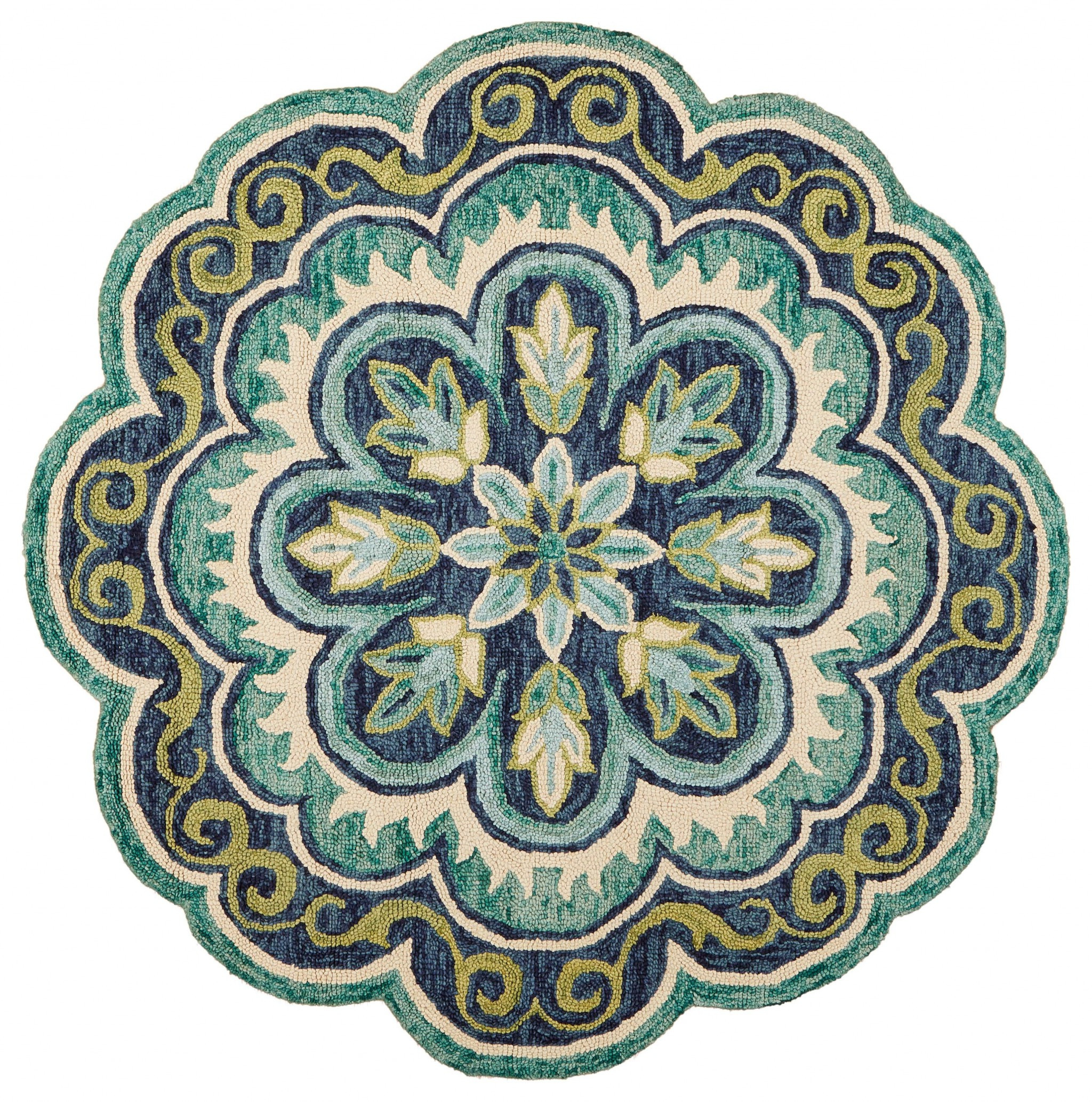 4" Round Green Floral Artwork Area Rug