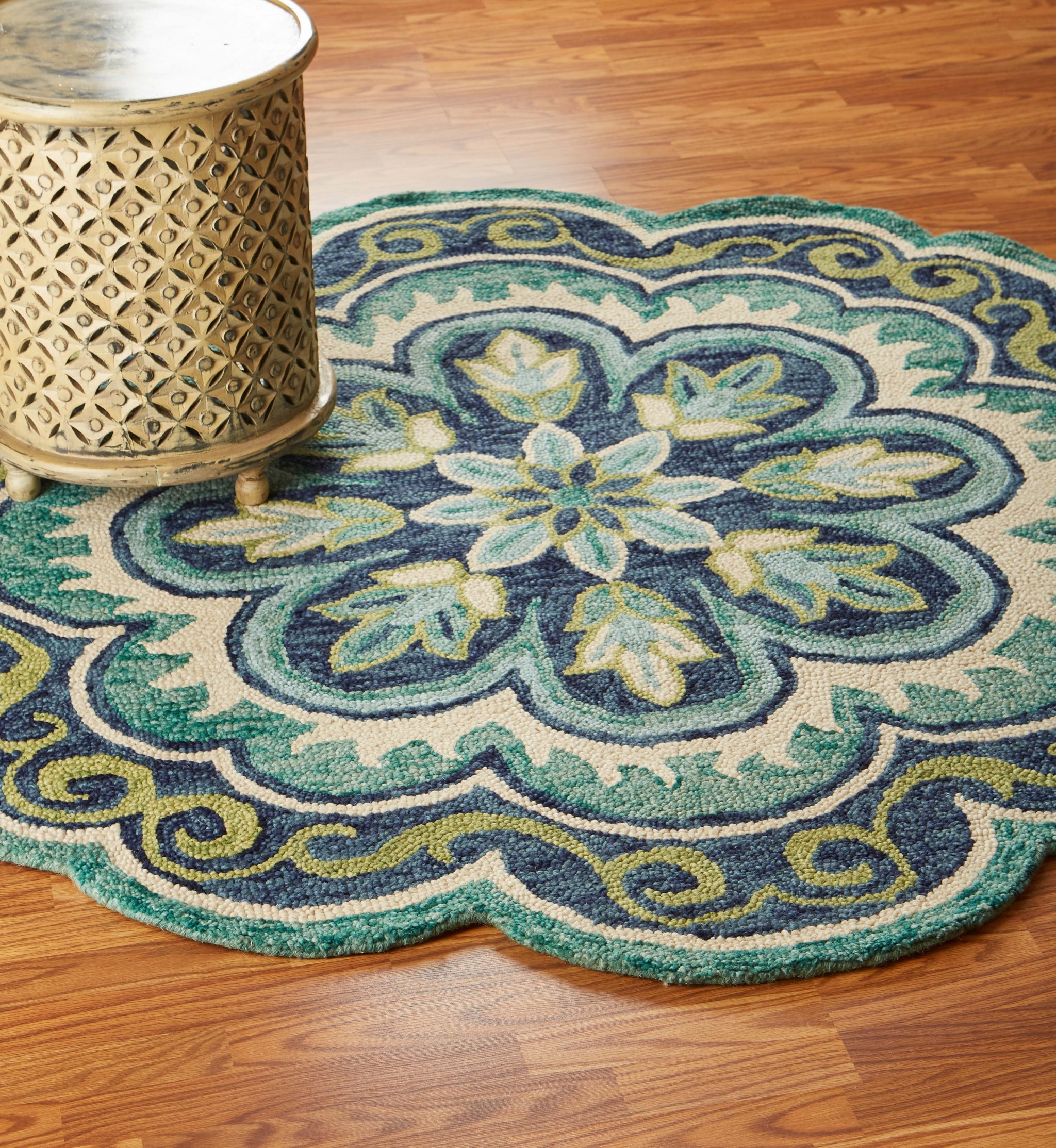 6" Green Round Wool Geometric Hand Tufted Area Rug